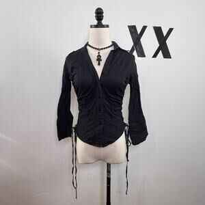 Vintage 90s Black Ruched Long Sleeve Collared Button Down Shirt Indie Grunge M